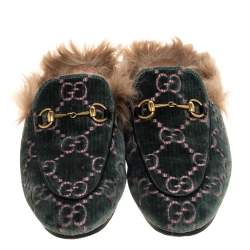 Pre Owned حذاء مول فلات غوتشي برينستاون بطانة فرو وقطيفة جي جي  أخضر مقاس 38.5