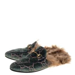 Pre Owned حذاء مول فلات غوتشي برينستاون بطانة فرو وقطيفة جي جي أخضر مقاس 38.5