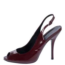 Pre Owned Gucci Burgundy Patent Leather Peep Toe Slingback Sandals Size 37.5