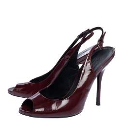Pre Owned Gucci Burgundy Patent Leather Peep Toe Slingback Sandals Size 37.5