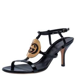 Pre Owned Gucci Black Patent Leather Interlocking GG Logo Strappy Sandals Size 36.5