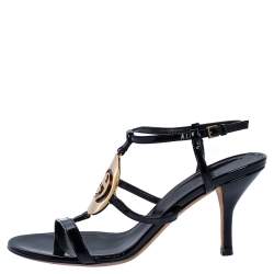 Pre Owned Gucci Black Patent Leather Interlocking GG Logo Strappy Sandals Size 36.5