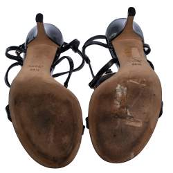 Pre Owned Gucci Black Patent Leather Interlocking GG Logo Strappy Sandals Size 36.5