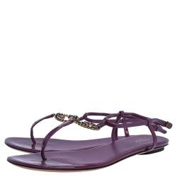 Pre Owned Gucci Purple Patent Leather GG Interlocking Ankle Strap Flat Sandals Size 39