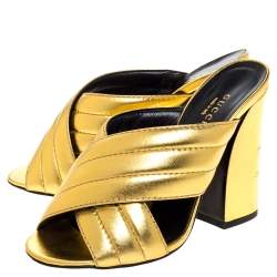 Pre Owned Gucci Metallic Gold Leather Sylvia Cross Strap Block Heel Sandals Size 37