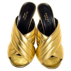 Pre Owned Gucci Metallic Gold Leather Sylvia Cross Strap Block Heel Sandals Size 37