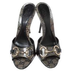 Pre Owned Gucci Navy Blue GG Crystal Canvas Horsebit Open Toe Sandals Size 37