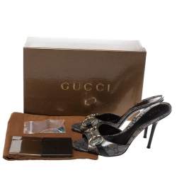 Pre Owned Gucci Navy Blue GG Crystal Canvas Horsebit Open Toe Sandals Size 37