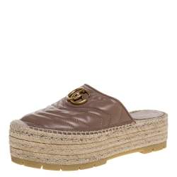Pre Owned Gucci Beige Leather GG Marmont Platform Espadrilles Mules Size 38