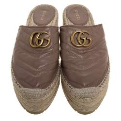 Pre Owned Gucci Beige Leather GG Marmont Platform Espadrilles Mules Size 38