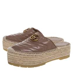 Pre Owned Gucci Beige Leather GG Marmont Platform Espadrilles Mules Size 38
