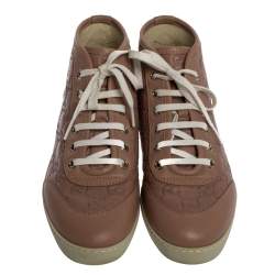 Gucci Nude Pink Guccissima Leather Lace High Top Sneakers Size 37