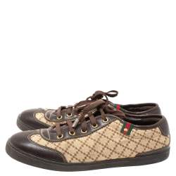 مملوكة مسبقًا حذاء رياضي غوتشي طراز منخفض من أعلى جلد و كانفاس ديامنت بني و بيج مقاس 39