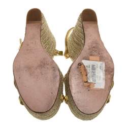 Pre Owned Gucci Gold Metallic Raffia And Leather Lia Espadrille Wedges Size 38