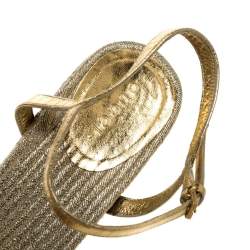 Pre Owned Gucci Gold Metallic Raffia And Leather Lia Espadrille Wedges Size 38