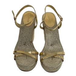 Pre Owned Gucci Gold Metallic Raffia And Leather Lia Espadrille Wedges Size 38