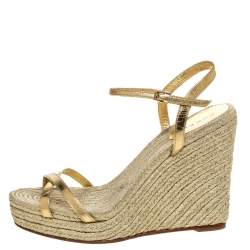 Pre Owned Gucci Gold Metallic Raffia And Leather Lia Espadrille Wedges Size 38