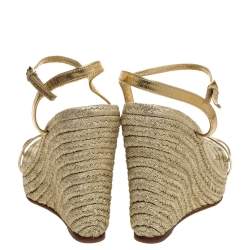 Pre Owned Gucci Gold Metallic Raffia And Leather Lia Espadrille Wedges Size 38
