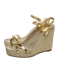Pre Owned Gucci Gold Metallic Raffia And Leather Lia Espadrille Wedges Size 38