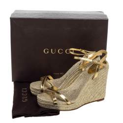 Pre Owned Gucci Gold Metallic Raffia And Leather Lia Espadrille Wedges Size 38