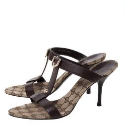 Pre Owned Gucci Brown Leather T-Strap Slide Sandals Size 40.5