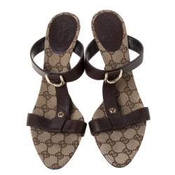 Pre Owned Gucci Brown Leather T-Strap Slide Sandals Size 40.5