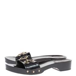 Pre Owned Gucci Black Patent Leather Horsebit Platform Clog Sandals Size 40