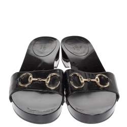 Pre Owned Gucci Black Patent Leather Horsebit Platform Clog Sandals Size 40