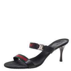 Pre Owned Gucci Black Leather And Web Canvas Buckle Detail Slide Sandals Size 41