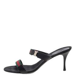 Pre Owned Gucci Black Leather And Web Canvas Buckle Detail Slide Sandals Size 41
