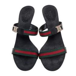 Pre Owned Gucci Black Leather And Web Canvas Buckle Detail Slide Sandals Size 41
