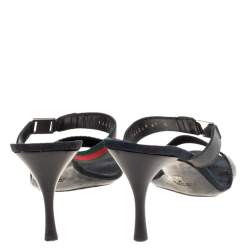 Pre Owned Gucci Black Leather And Web Canvas Buckle Detail Slide Sandals Size 41