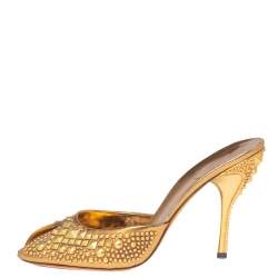 Pre Owned Gucci Metallic Gold Studded Leather Peep Toe Mule Sandals Size 41