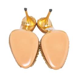 Pre Owned Gucci Metallic Gold Studded Leather Peep Toe Mule Sandals Size 41