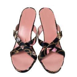 Pre Owned Gucci Black Chain Print Fabric Cross Strap Sandals Size 41