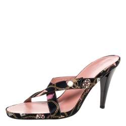 Pre Owned Gucci Black Chain Print Fabric Cross Strap Sandals Size 41