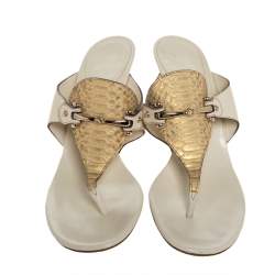 مملوكة مسبقًا صندل سلايد غوتشي ايكونبيت جلد ثعبان و جلد كريمي مقاس 41