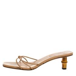 مملوكة مسبقًا Gucci Beige Leather Bamboo Heel Square Toe Slide Sandals Size 41
