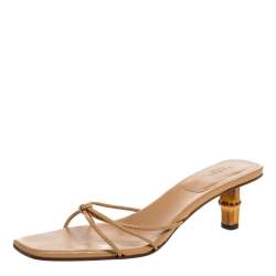 مملوكة مسبقًا Gucci Beige Leather Bamboo Heel Square Toe Slide Sandals Size 41