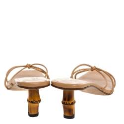 مملوكة مسبقًا Gucci Beige Leather Bamboo Heel Square Toe Slide Sandals Size 41