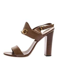 Pre Owned Gucci Brown Leather Horsebit Slingback Block Heel Sandals Size 40