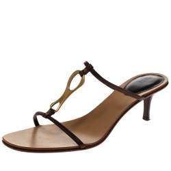 مملوكة مسبقًا Gucci Brown Leather T-Strap Sandals Size 40.5