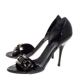 مملوكة مسبقًا Gucci Black Patent Leather Jewel Embellished D'Orsay Peep Toe Sandals Size 39.5