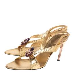 Pre Owned صندل غوتشي وتوم فورد فتحة كعب مزخرف رأس ثعبان جلد ثعبان ذهبي ميتالك مقاس 40.5