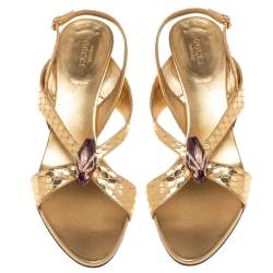 Pre Owned صندل غوتشي وتوم فورد فتحة كعب مزخرف رأس ثعبان جلد ثعبان ذهبي ميتالك مقاس 40.5