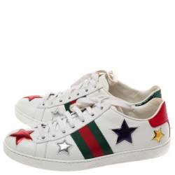 مملوكة مسبقًا Gucci White Leather Ace Metallic Stars Low Top Sneakers Size 35.5