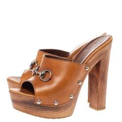 مملوكة مسبقًا صندل كلوغ غوتشي مقدمة مفتوحة نعل سميك هورسبيت جلد بني مقاس 37