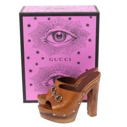 مملوكة مسبقًا صندل كلوغ غوتشي مقدمة مفتوحة نعل سميك هورسبيت جلد بني مقاس 37