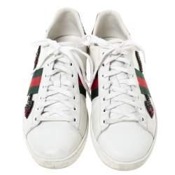 مملوكة مسبقًا Gucci White Leather Ace Web Embellished Low Top Sneakers Size 39