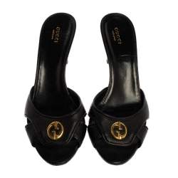 مملوكة مسبقًا Gucci Black Leather GG Embellished Open Toe Mule Sandals Size 40